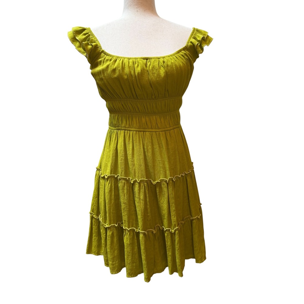 Trixx Mini Dress Womens Medium Lime Green Smocked‎ Tiered Ruffle Milkmaid